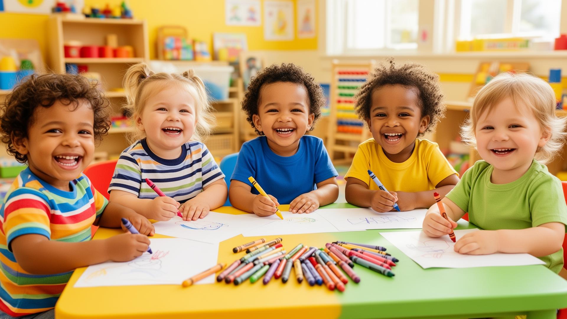 Five smiling children drawing with crayons at New Adventures Day Care