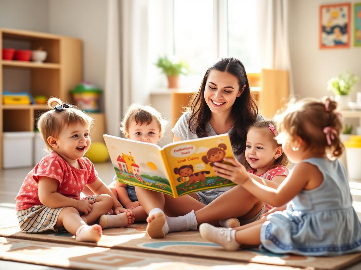 A caring teacher reading a story to toddlers at New Adventures Day Care